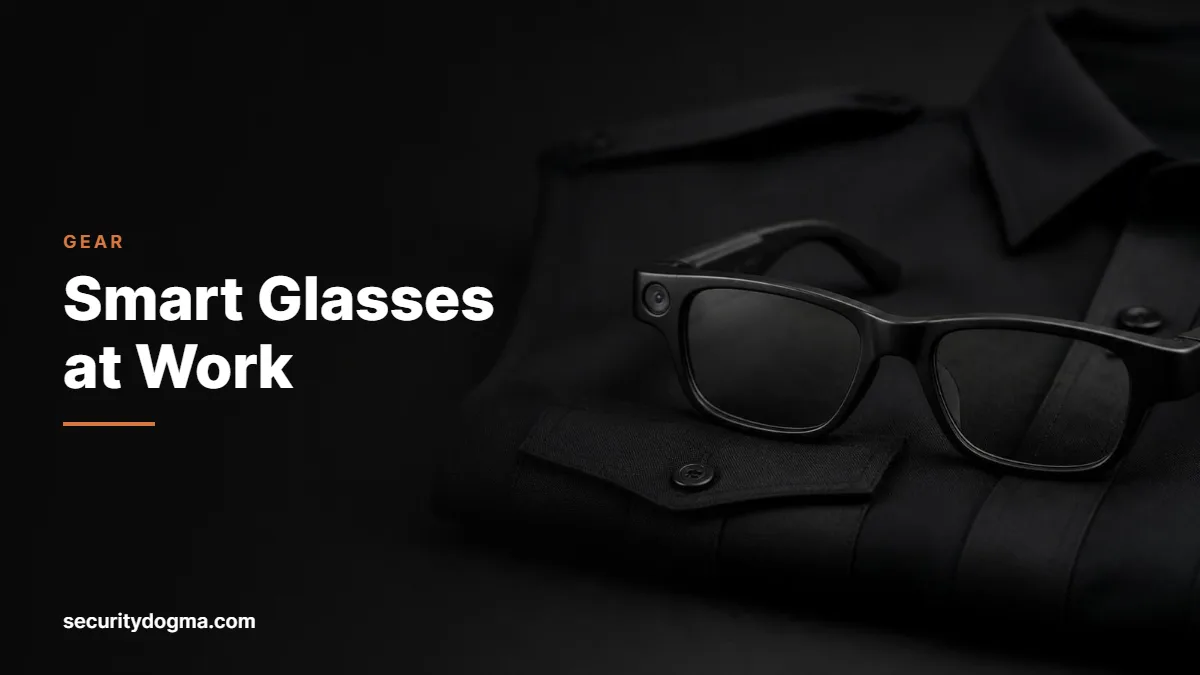 Black smart glasses with a built-in camera lens resting on a security guard uniform