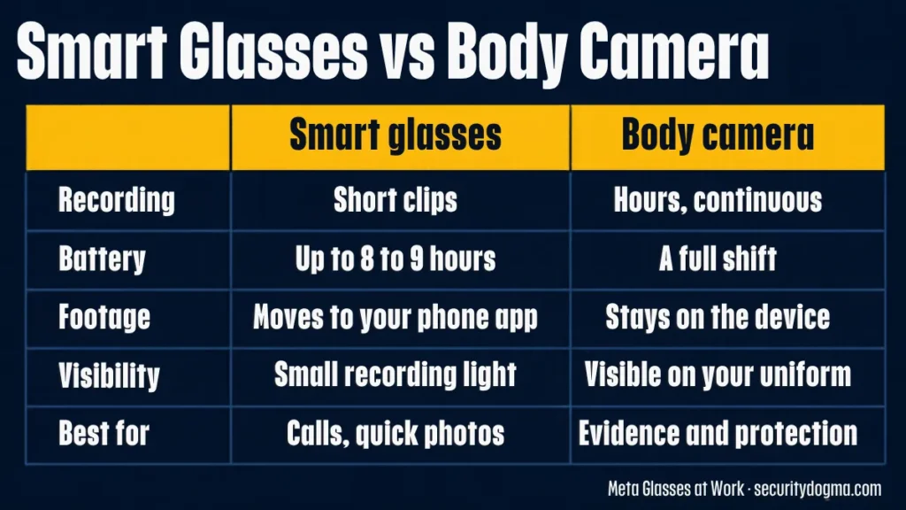 Smart glasses vs body camera for security guards: short clips vs hours of continuous recording, 8 to 9 hour battery vs a full shift, footage moves to a phone app vs stays on the device, small recording light vs visible on the uniform