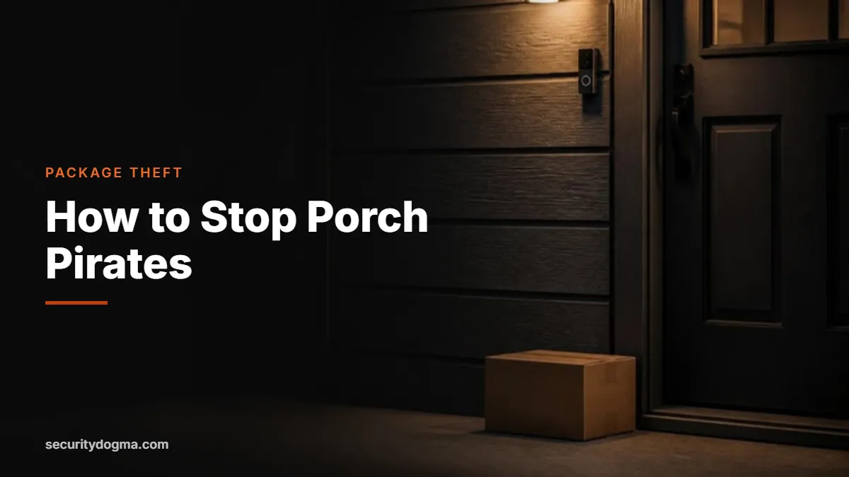 Package on a front porch beside a video doorbell