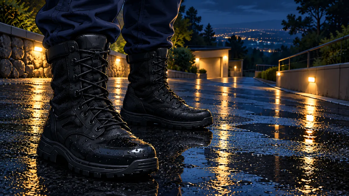 Illustration of black tactical boots standing on a wet, sloped residential driveway at night, with lights reflecting in the puddles and city lights in the distance.