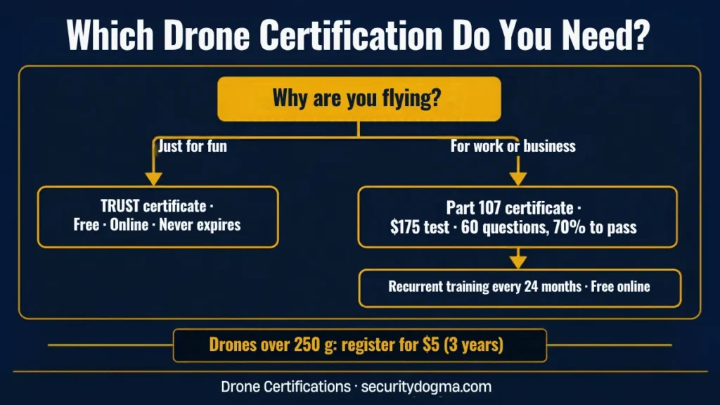 Flowchart: flying just for fun needs the free TRUST certificate; flying for work needs a Part 107 certificate with a $175 test and recurrent training every 24 months