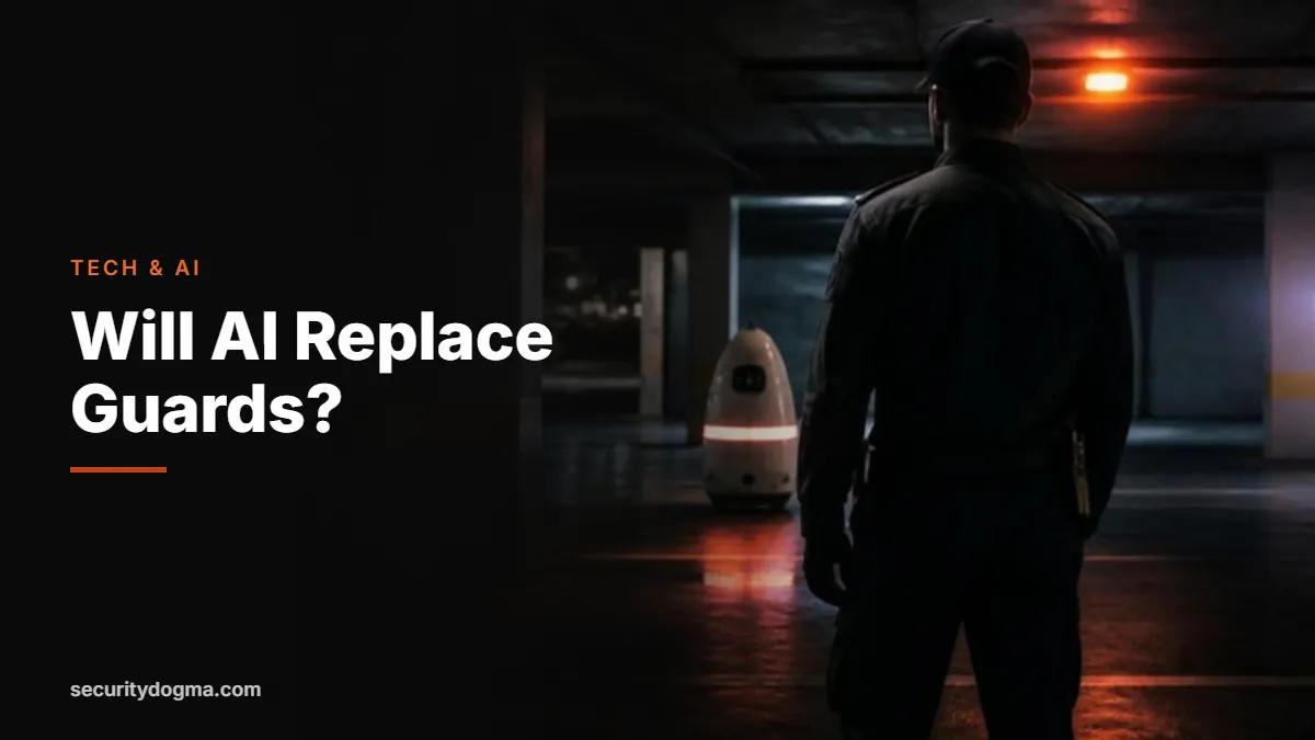 Security officer facing a patrol robot in a parking garage
